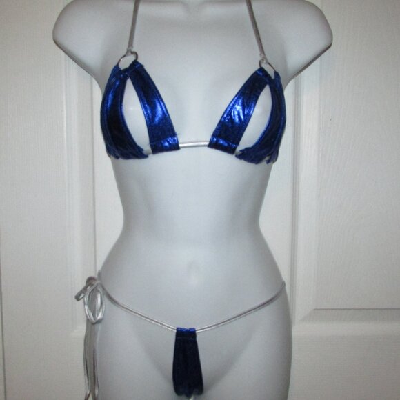 Blue Silver Metallic Micro Strappy String Thong Bikini - NEW - Picture 8 of 8